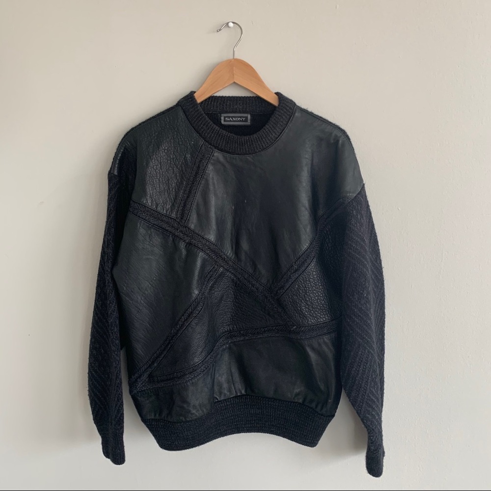 Vintage Saxony Leather Sweater - Geometric pattern